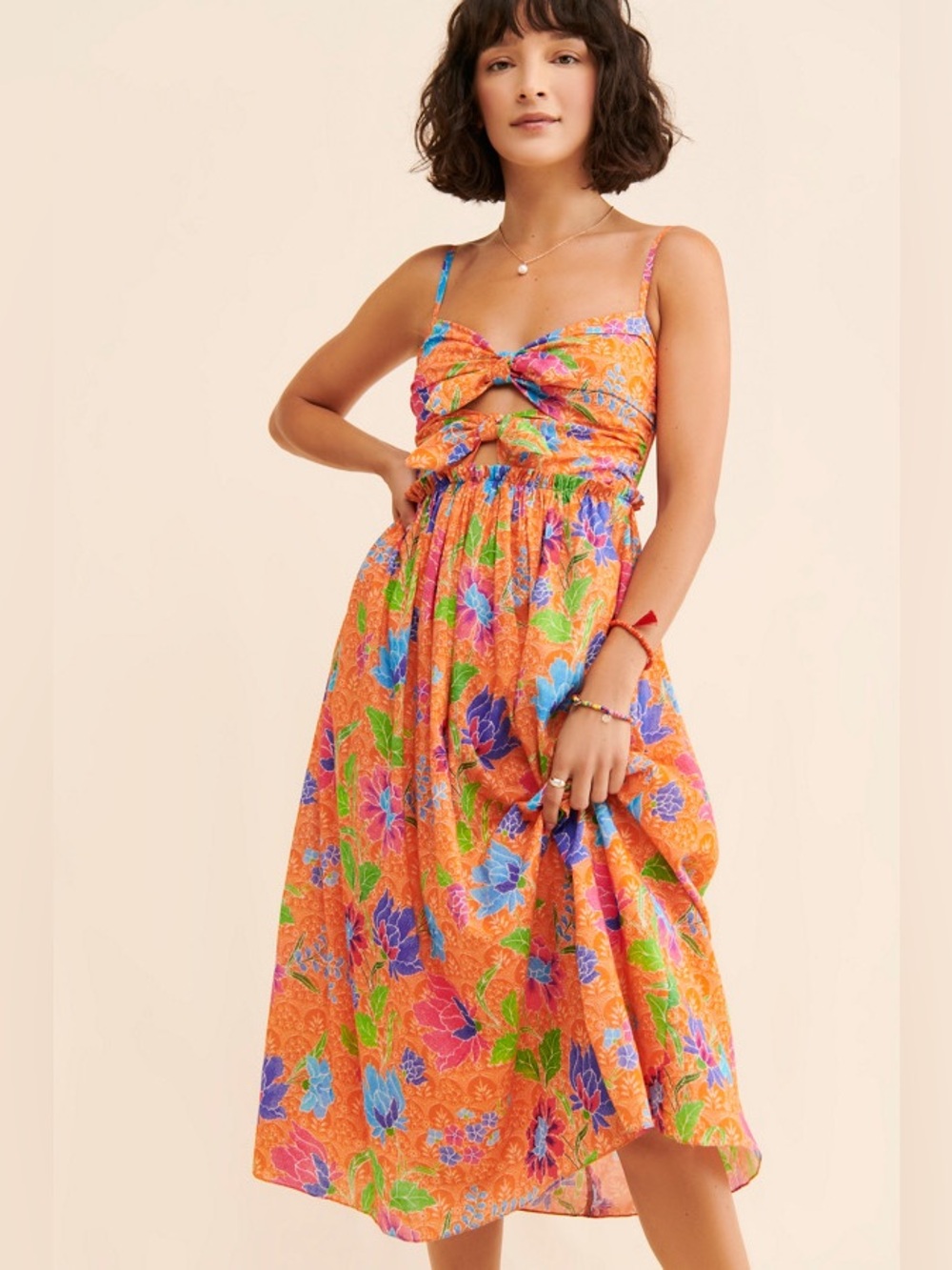 Charina Sarte Anissa Cut Out Bow Detail Orange Floral Cotton Midi Dress EUC Sz M